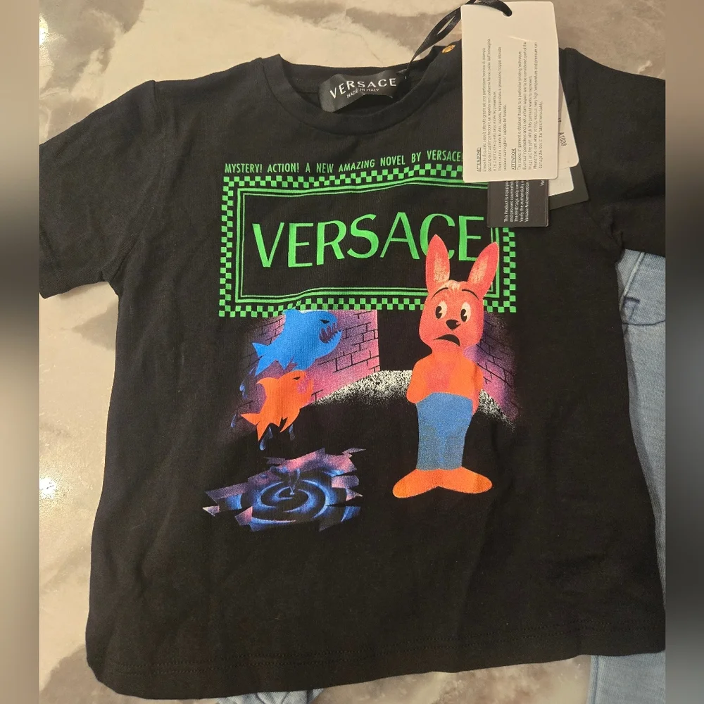 Versace Black Graphic Tee and Light Blue Logo Jeans Kids Matching Set